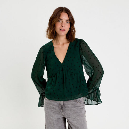 Blouse brodée volantée vert foncé femme