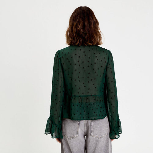 Blouse brodée volantée vert foncé femme