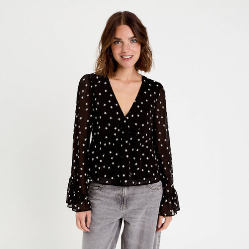Blouse brodée volantée noir femme