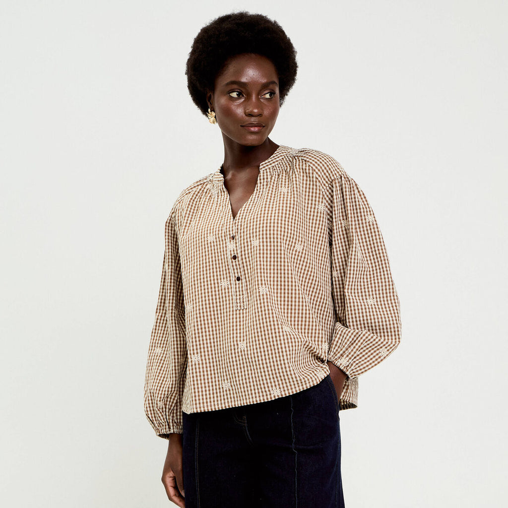 Blouse vichy brodée blanc femme