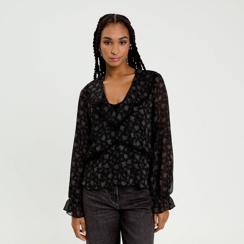 Blouse droite courte manches longues noir femme