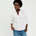 Blouse brodée col mao manches 3/4 ecru femme