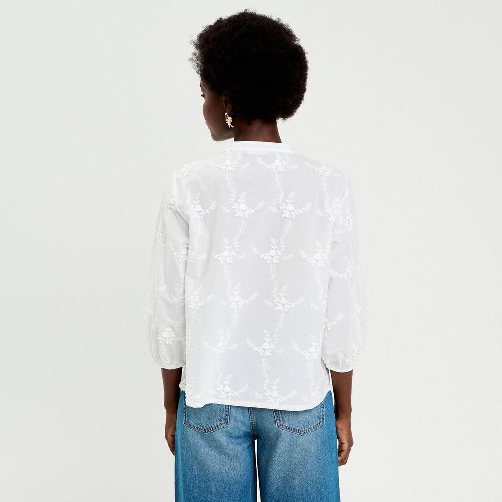 Blouse brodée col mao manches 3/4 ecru femme