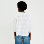 Blouse brodée col mao manches 3/4 ecru femme
