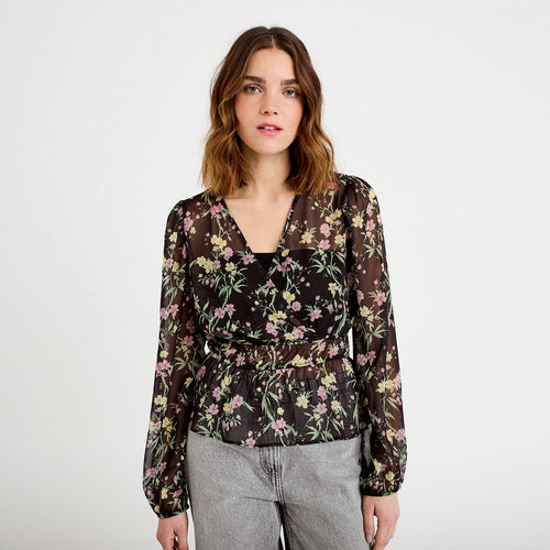Blouse cintrée col v manches longues noir femme