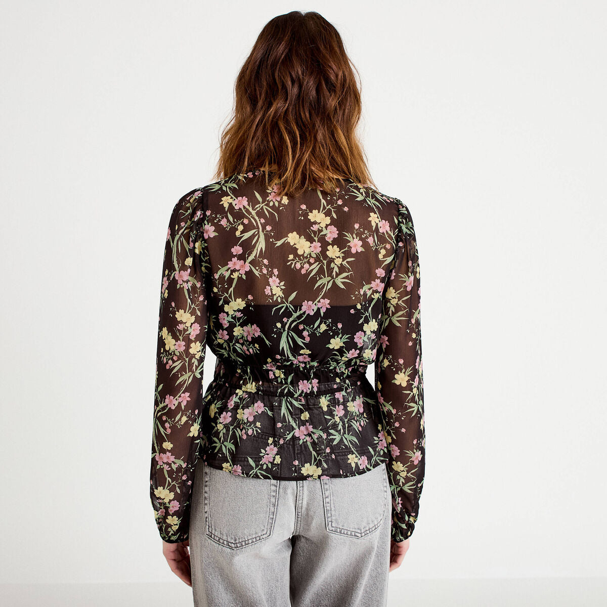 Blouse cintrée col v manches longues noir femme