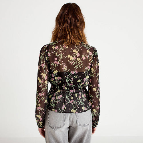 Blouse cintrée col v manches longues noir femme