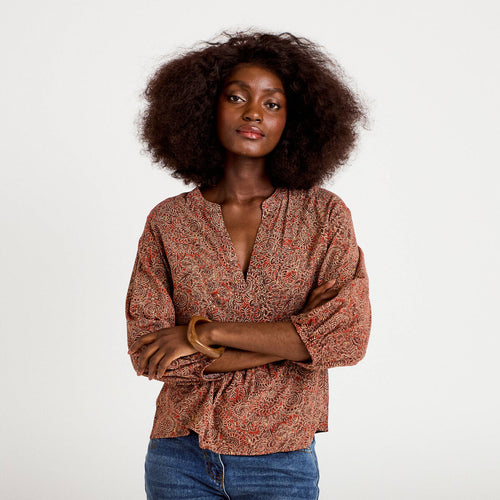 Blouse col v manches longues rouge foncé femme
