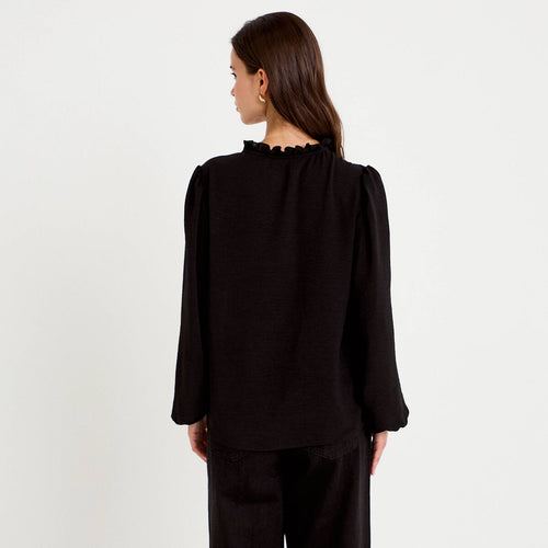 Blouse droite col v manches longues noir femme