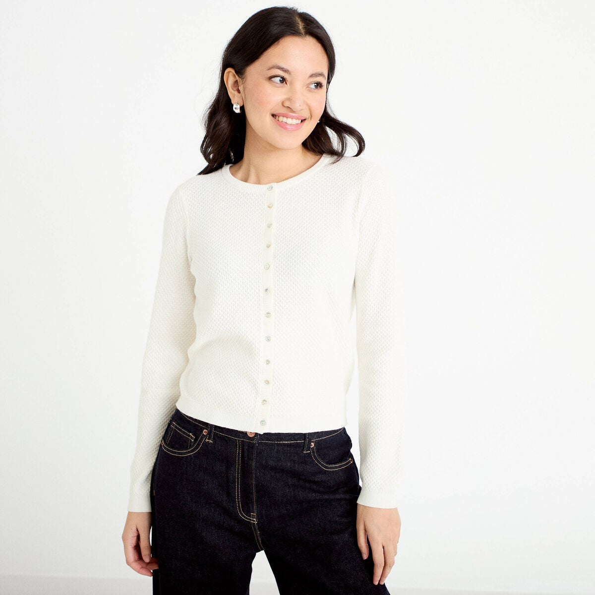 Gilet ajouré manches longues ecru femme