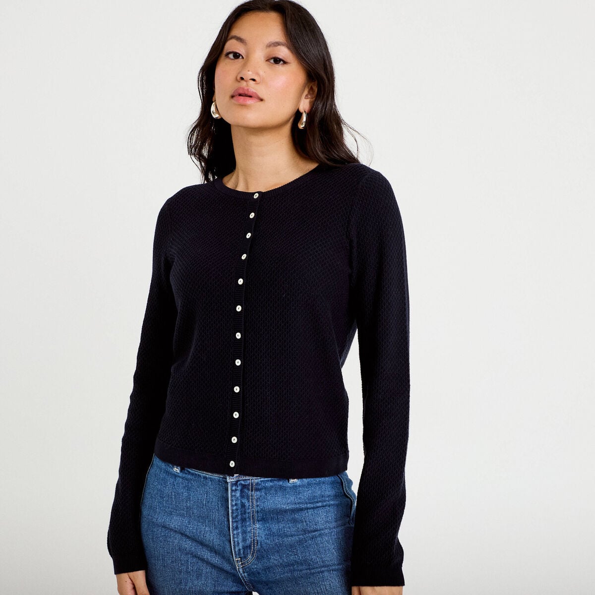 Gilet ajouré manches longues bleu marine femme