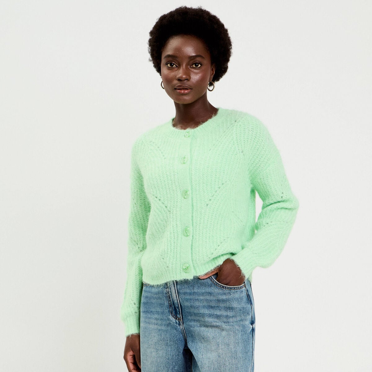 Gilet ajouré manches longues vert pastel femme