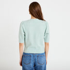 Pull manches courtes boutons brodés vert pastel femme