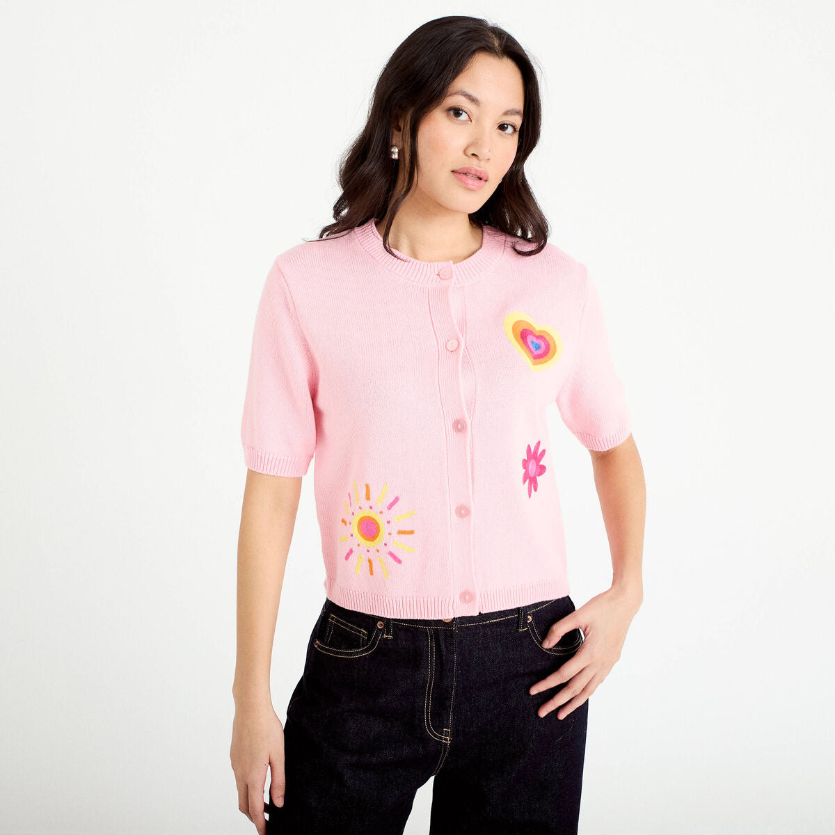 Gilet brodé manches courtes rose corail femme