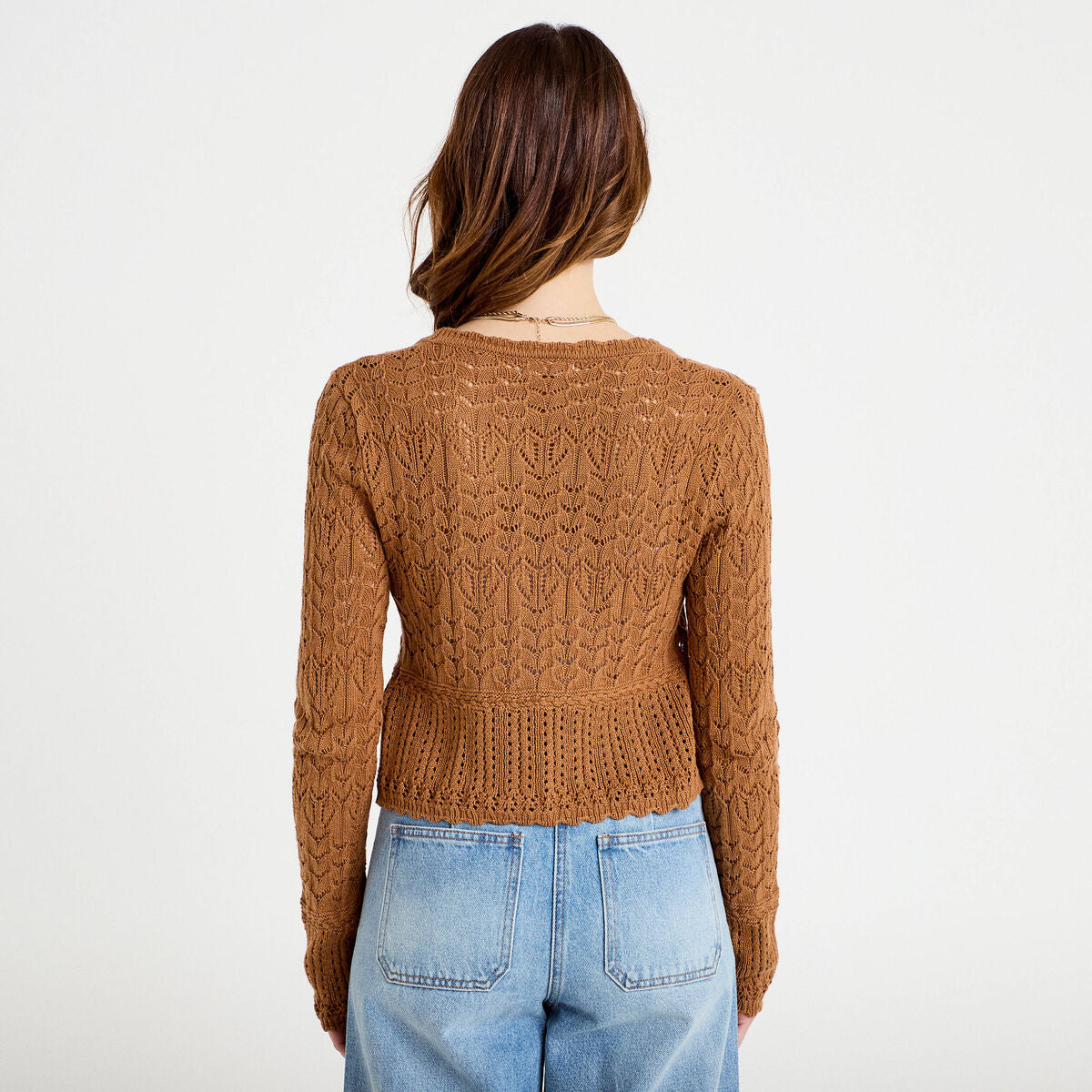 Gilet ajouré cintré manches longues beige femme