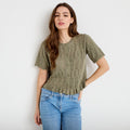 Gilet ajouré manches courtes col rond vert kaki femme