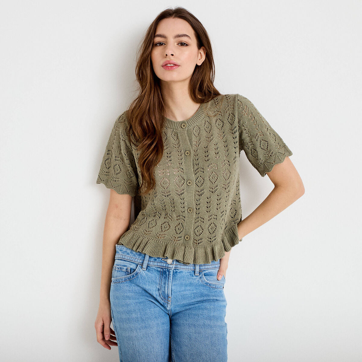 Gilet ajouré manches courtes col rond vert kaki femme