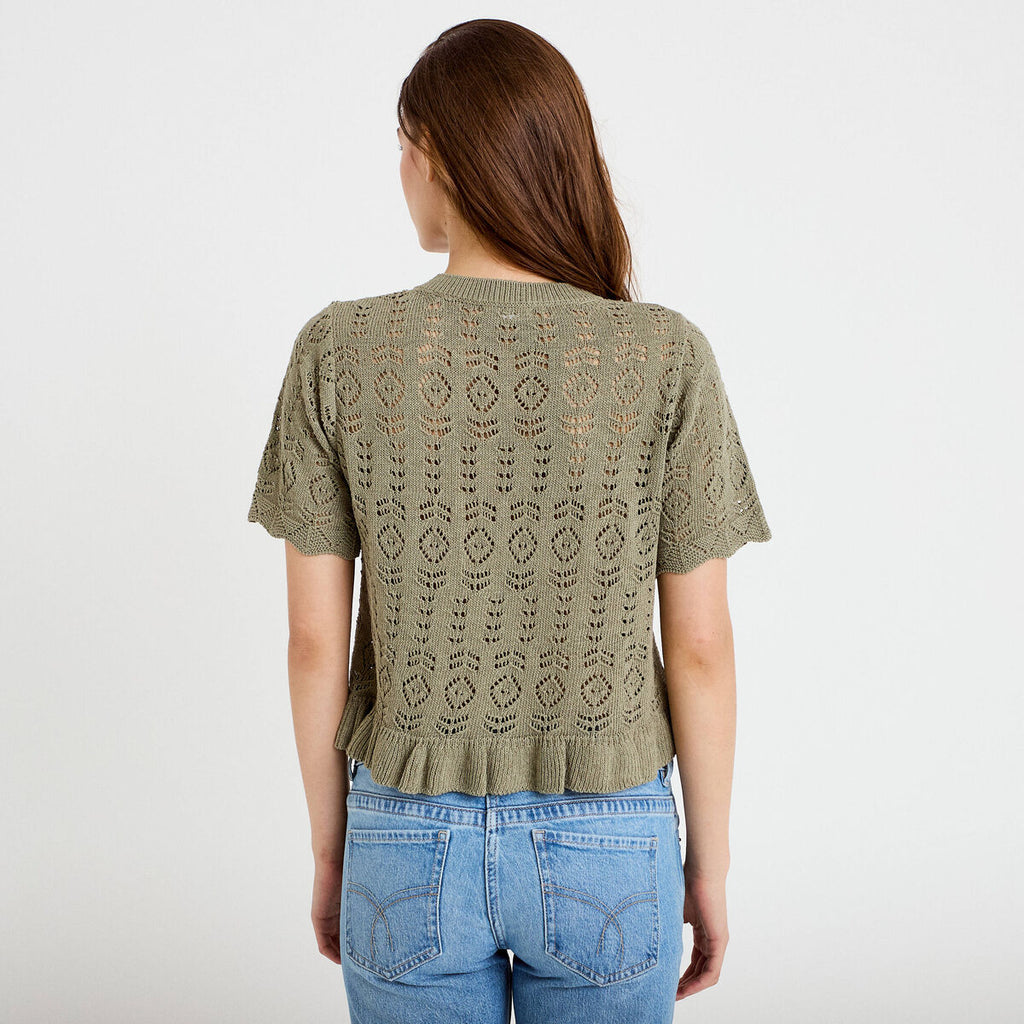 Gilet ajouré manches courtes col rond vert kaki femme