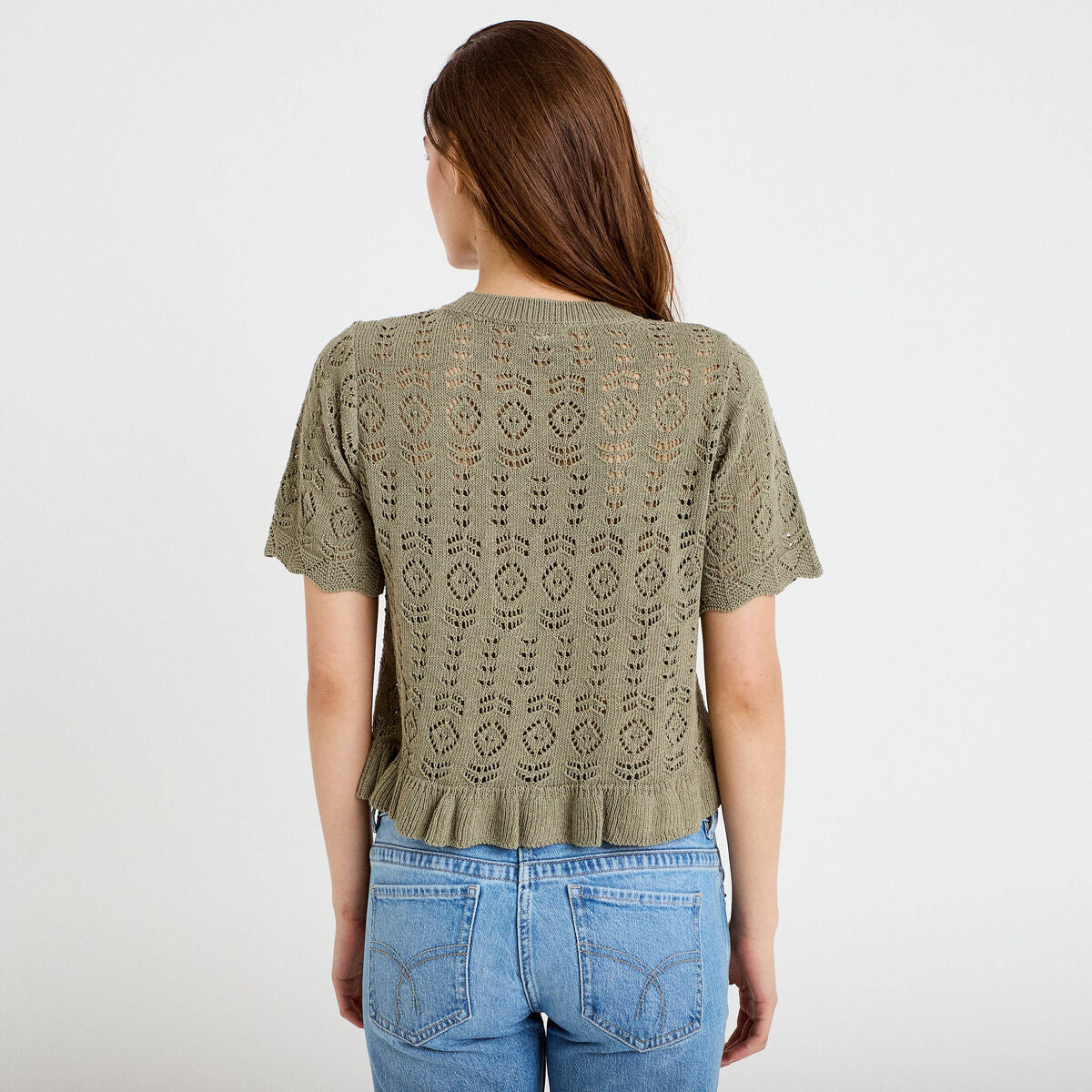 Gilet ajouré manches courtes col rond vert kaki femme