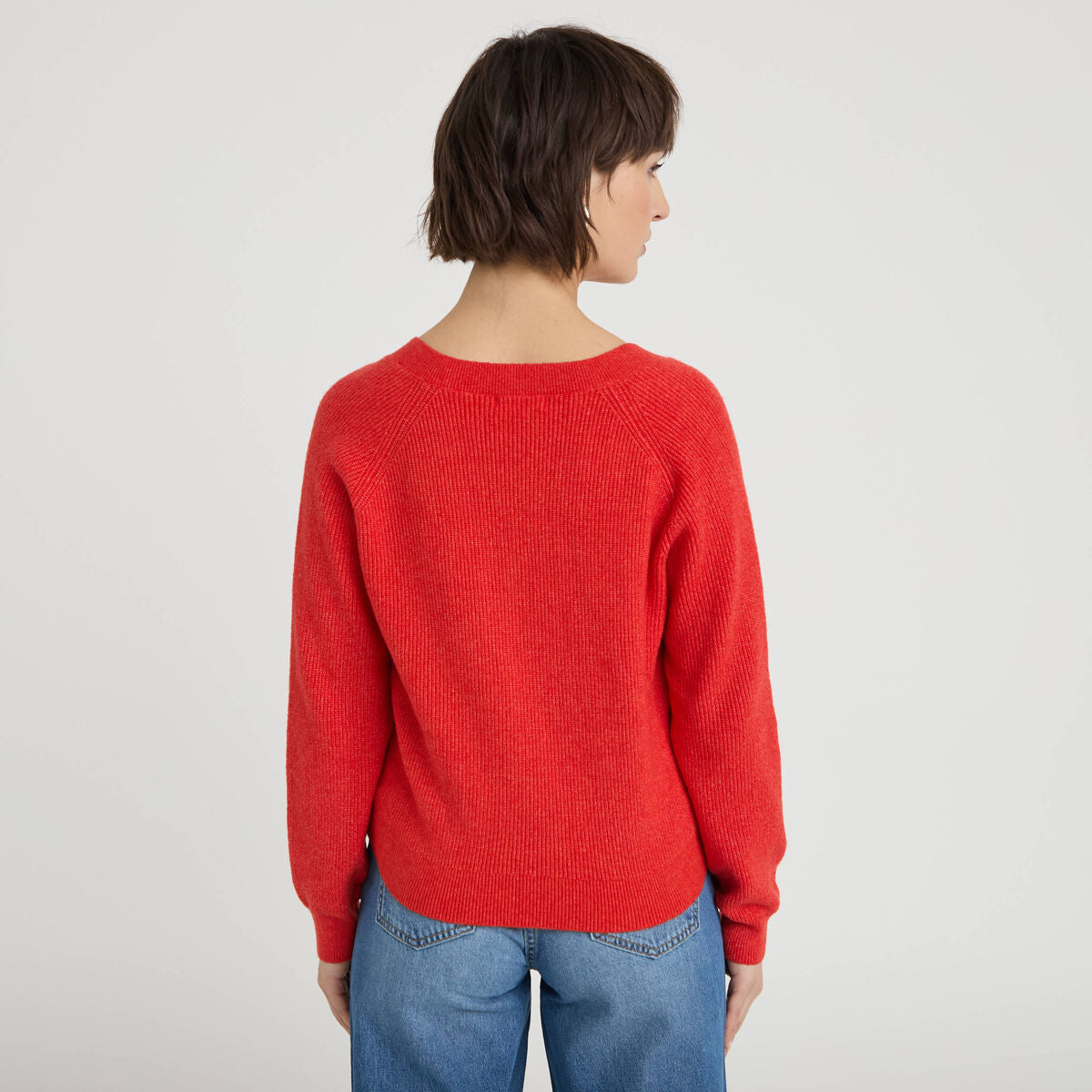 Pull fin col v rouge femme