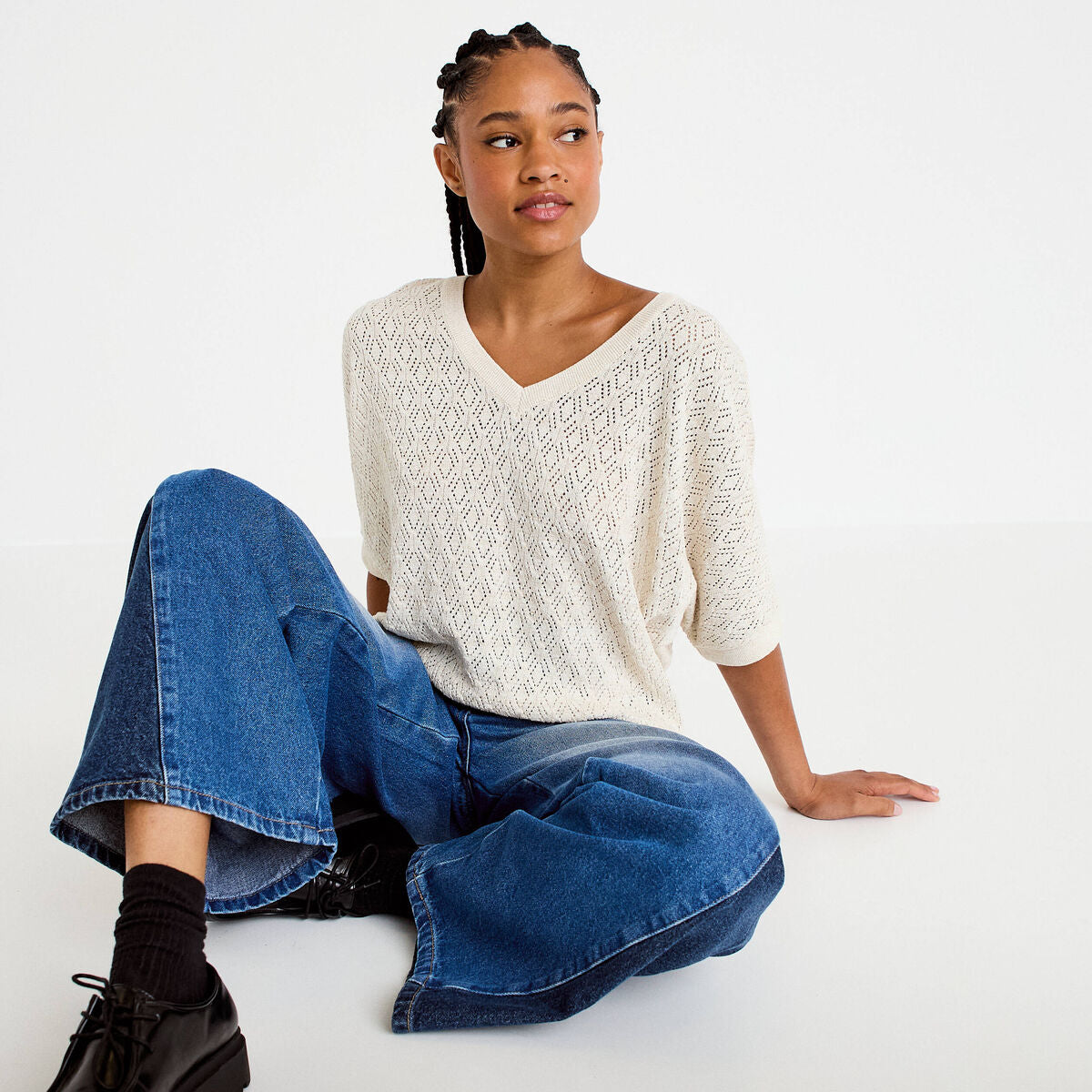 Pull ajouré col v manches courtes ecru femme