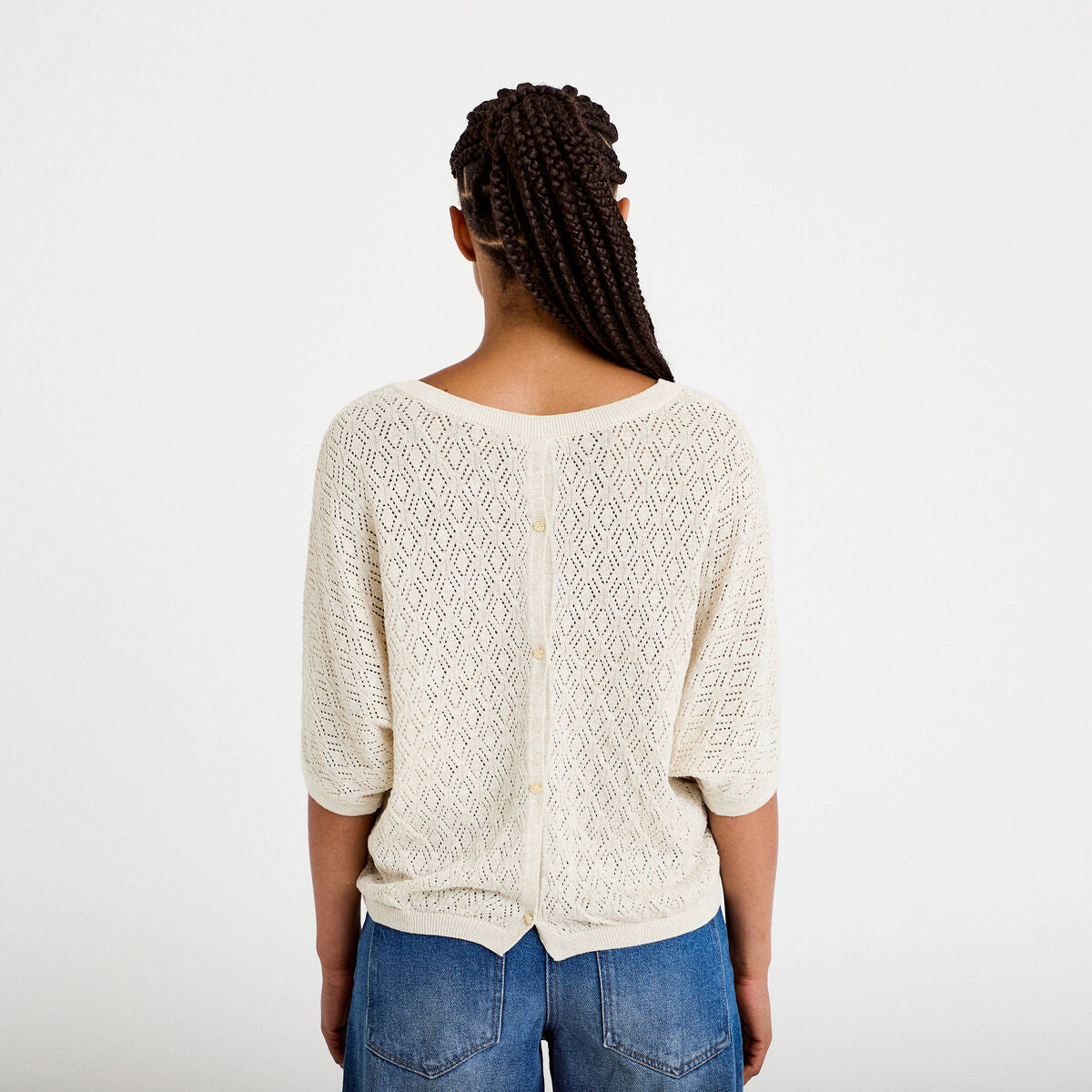Pull ajouré col v manches courtes ecru femme