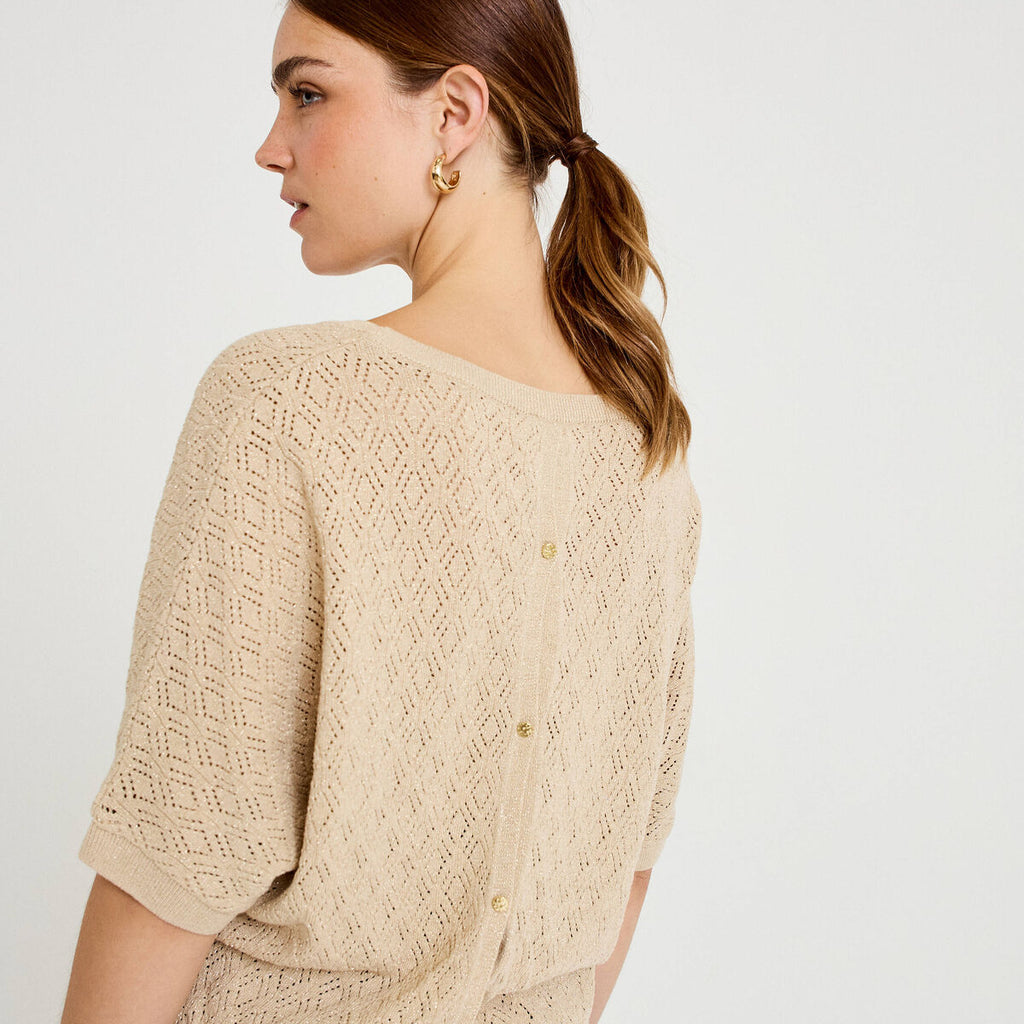 Pull ajouré col v manches courtes beige femme