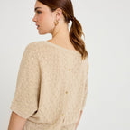 Pull ajouré col v manches courtes beige femme