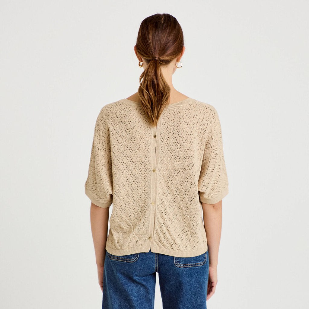 Pull ajouré col v manches courtes beige femme