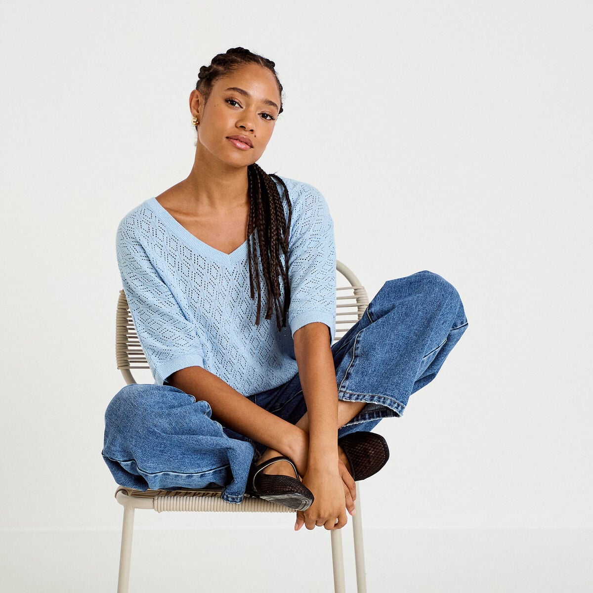 Pull ajouré col v manches courtes bleu ciel femme