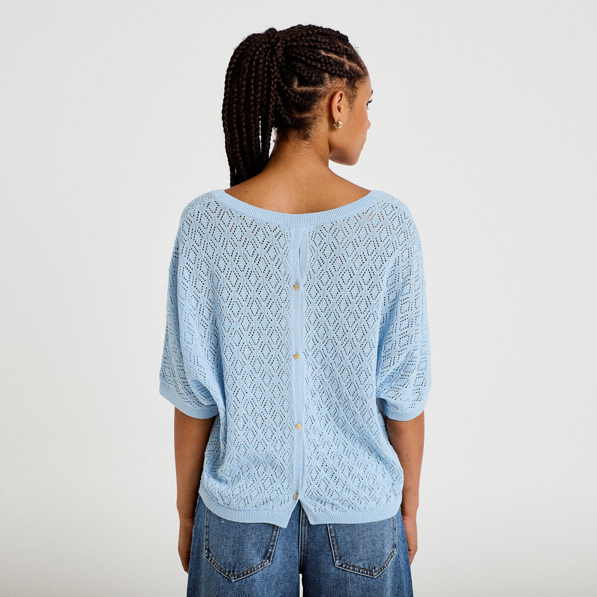Pull ajouré col v manches courtes bleu ciel femme