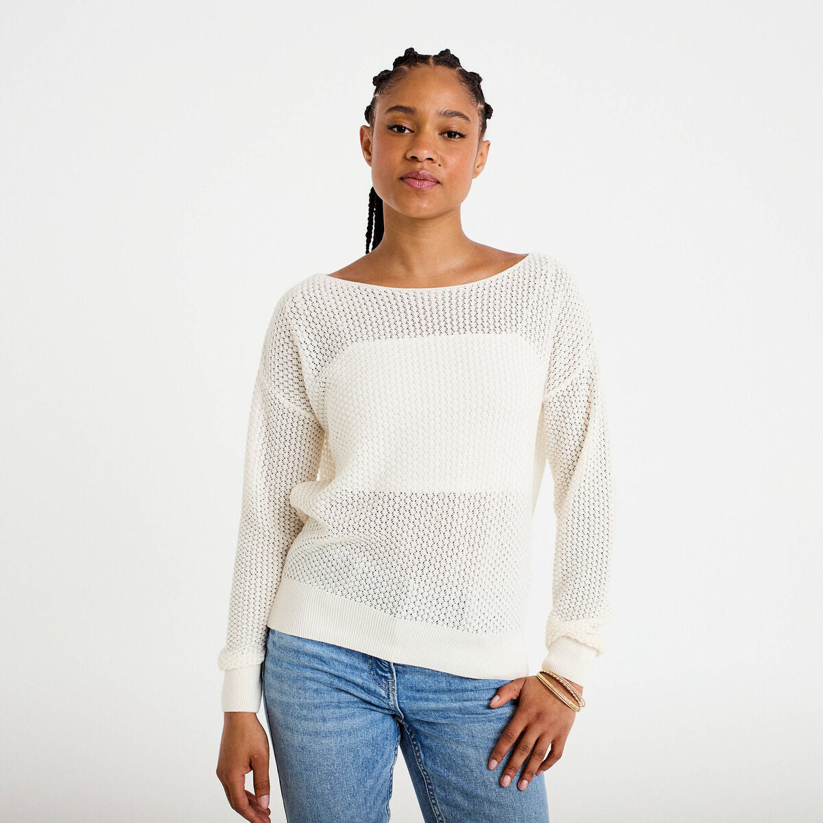 Pull ample ajouré manches longues ecru femme