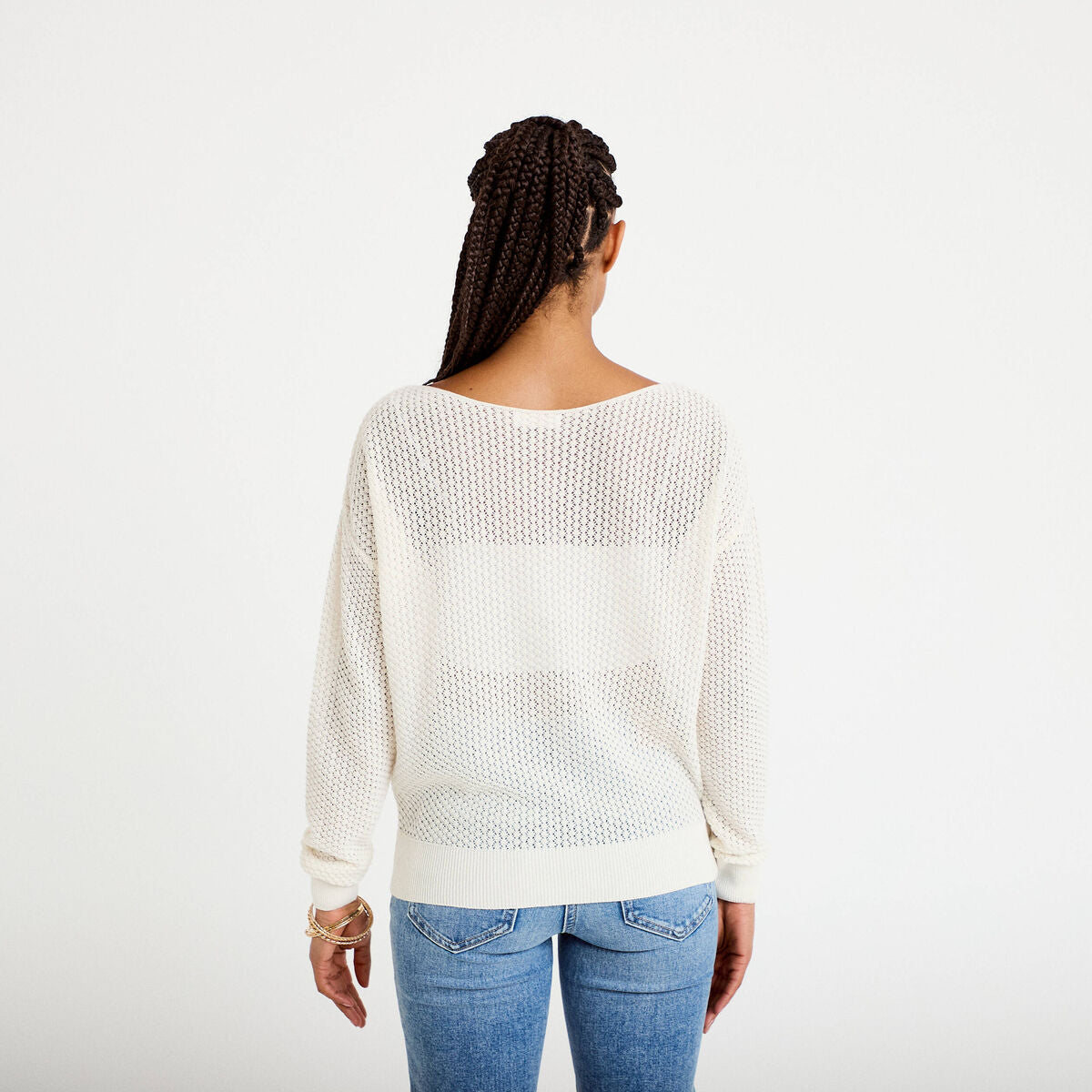Pull ample ajouré manches longues ecru femme
