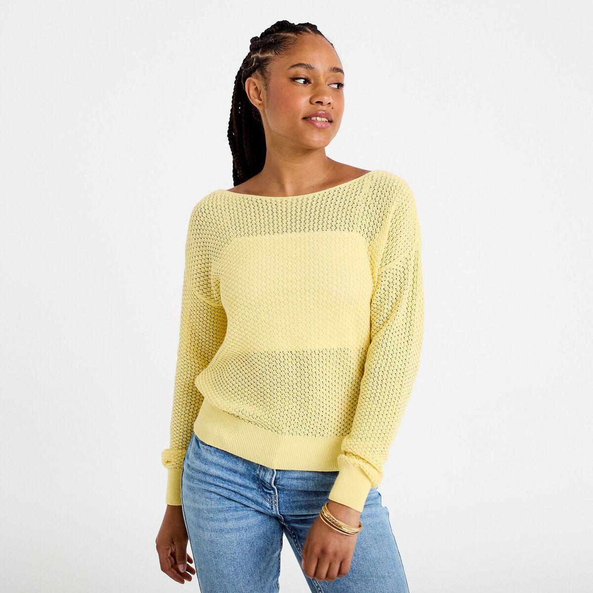 Pull ample ajouré manches longues jaune pastel femme