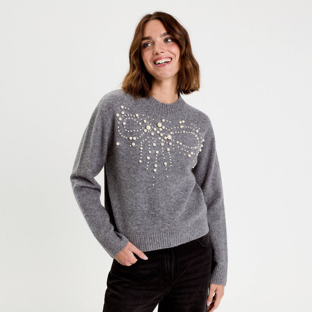 Pull avec perles gris foncé femme