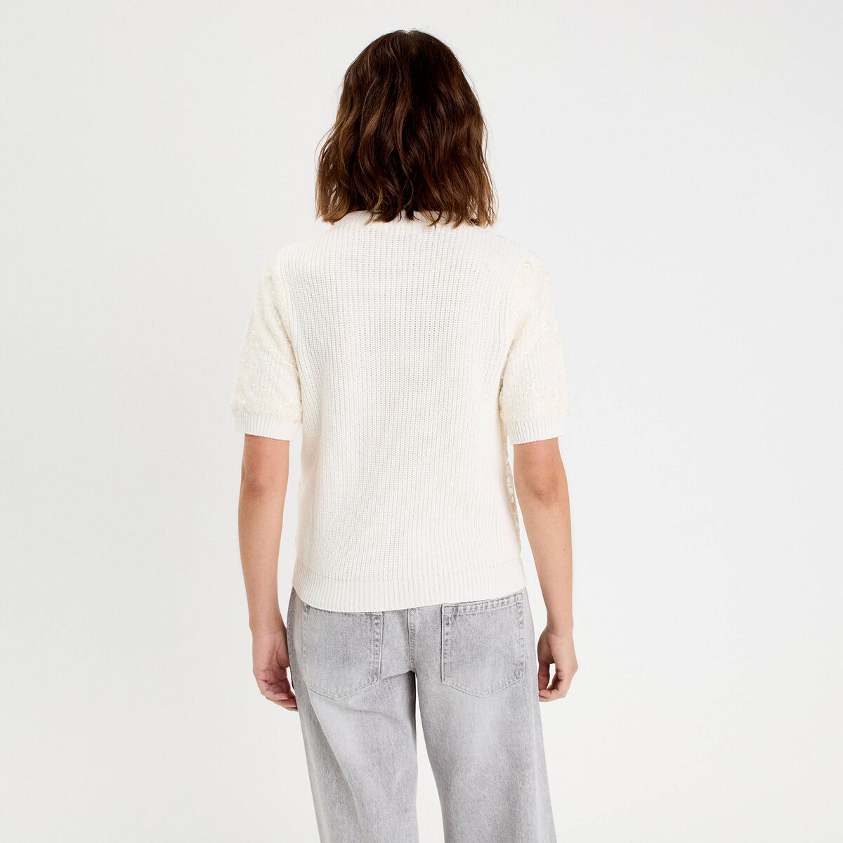 Pull dentelle manches courtes ecru femme