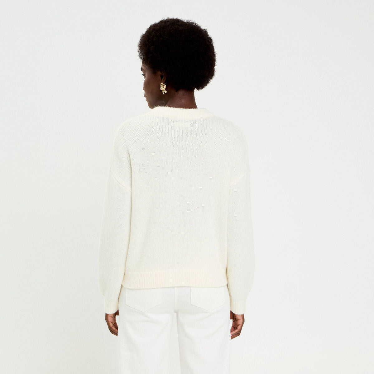 Pull brodé manches longues ecru femme