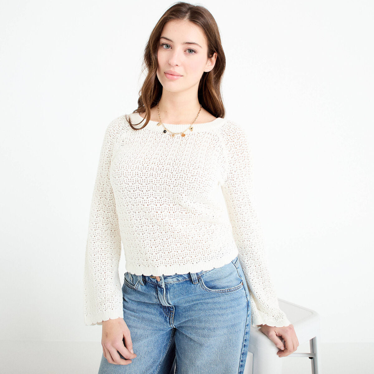 Pull ajouré ecru femme
