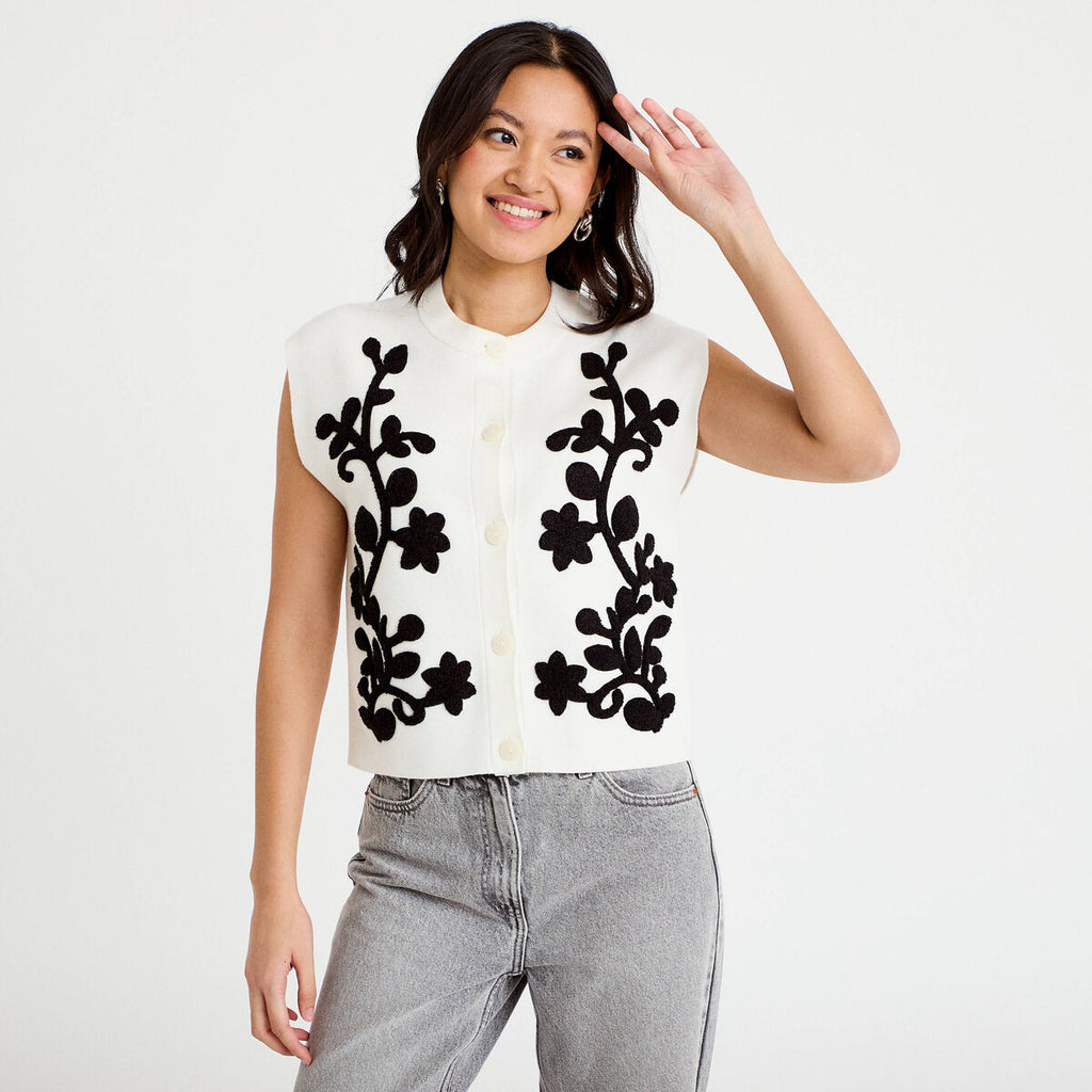Gilet sans manches brodé col rond ecru femme