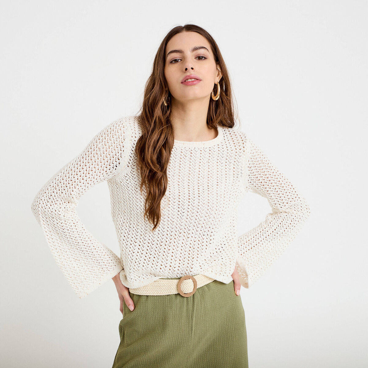 Pull ajouré manches longues dentelle ecru femme