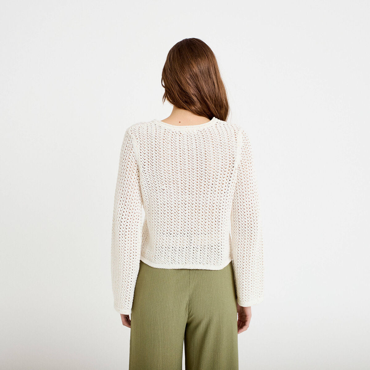 Pull ajouré manches longues dentelle ecru femme