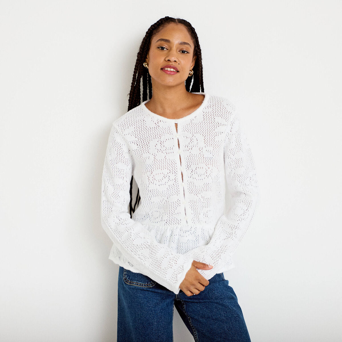 Pull ajouré péplum manches longues ecru femme