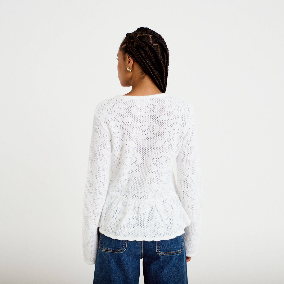Pull ajouré péplum manches longues ecru femme