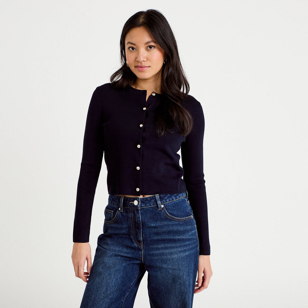 Gilet ajusté cropped col rond bleu marine femme
