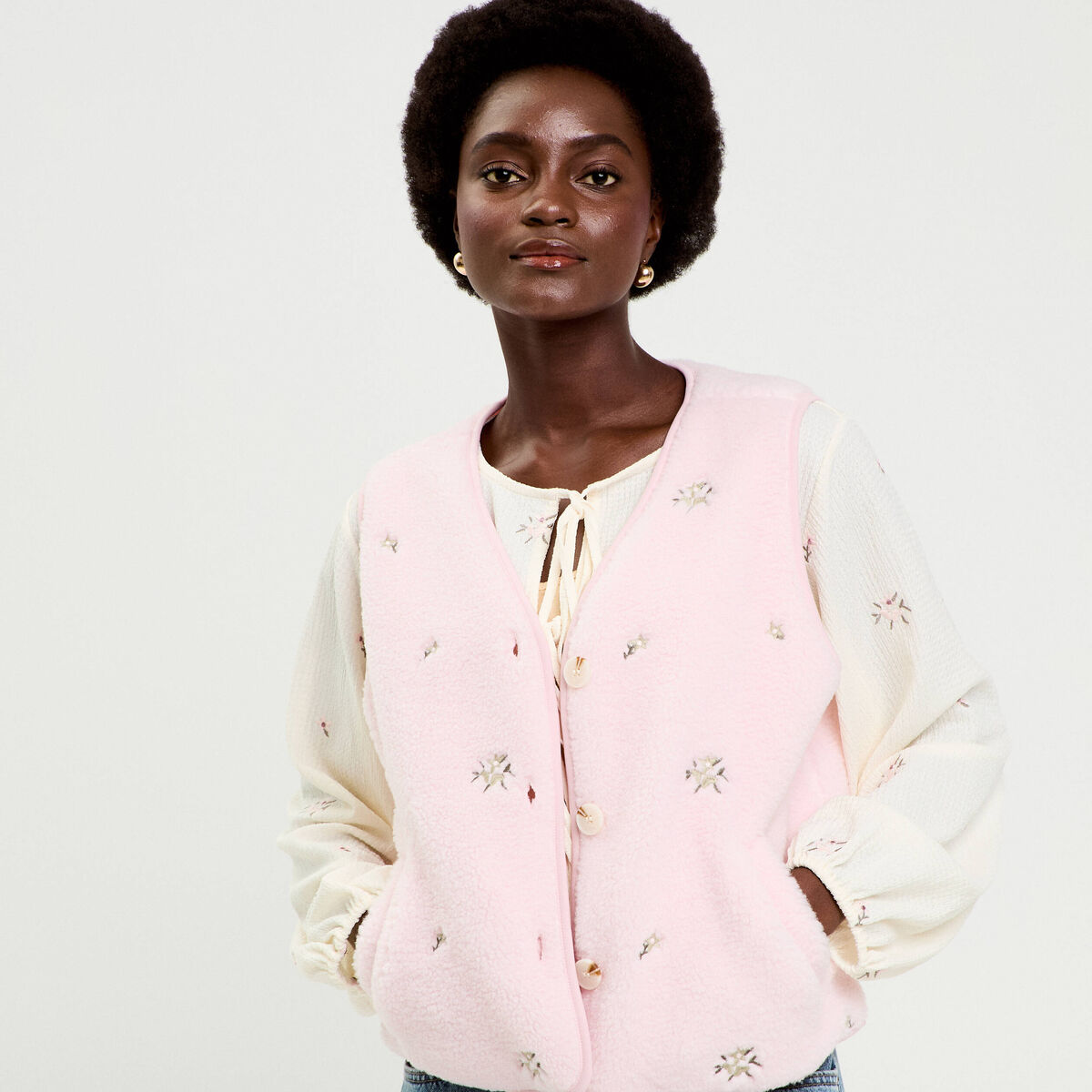 Gilet sans manches brodé effet polaire vieux rose femme