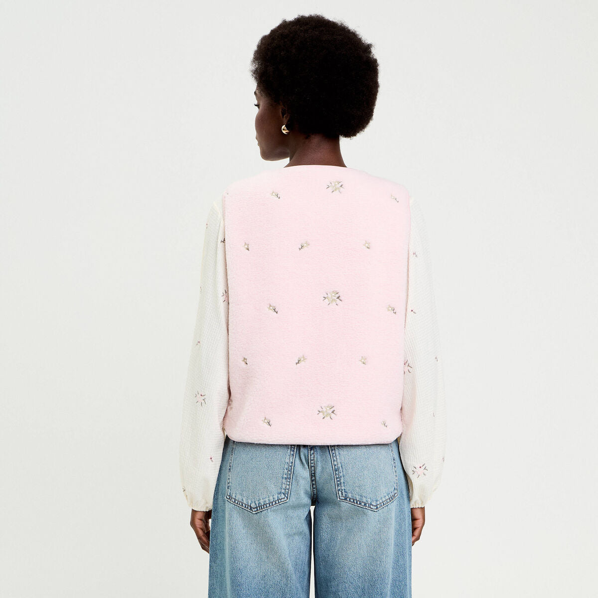 Gilet sans manches brodé effet polaire vieux rose femme
