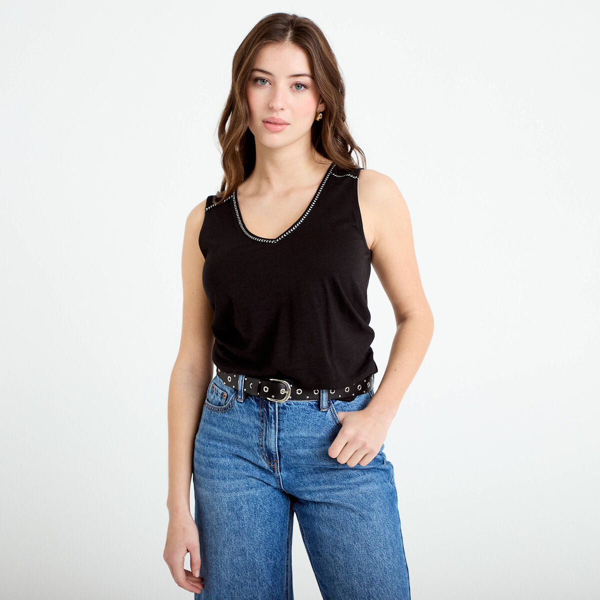 Débardeur col v noir femme