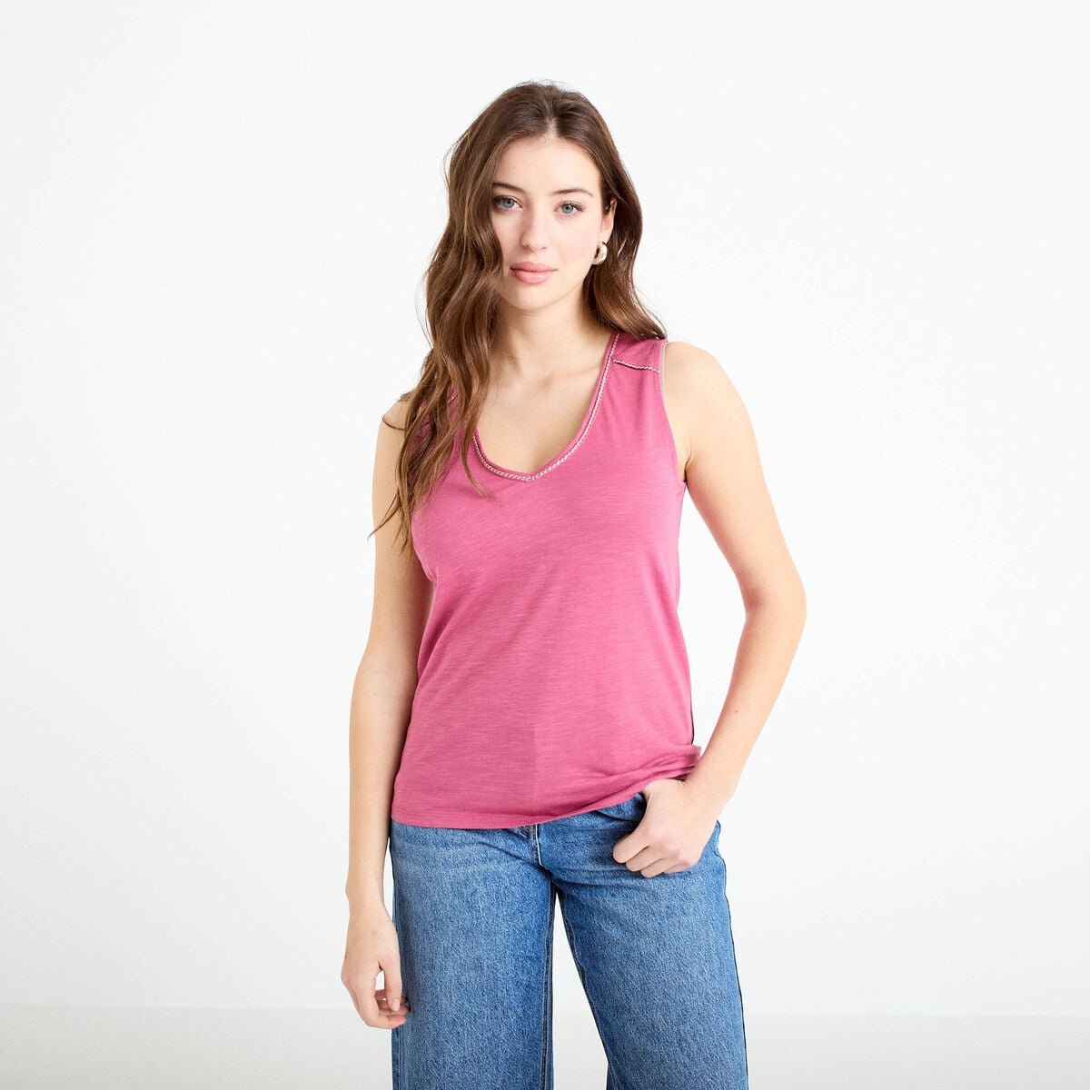 Débardeur col v vieux rose femme