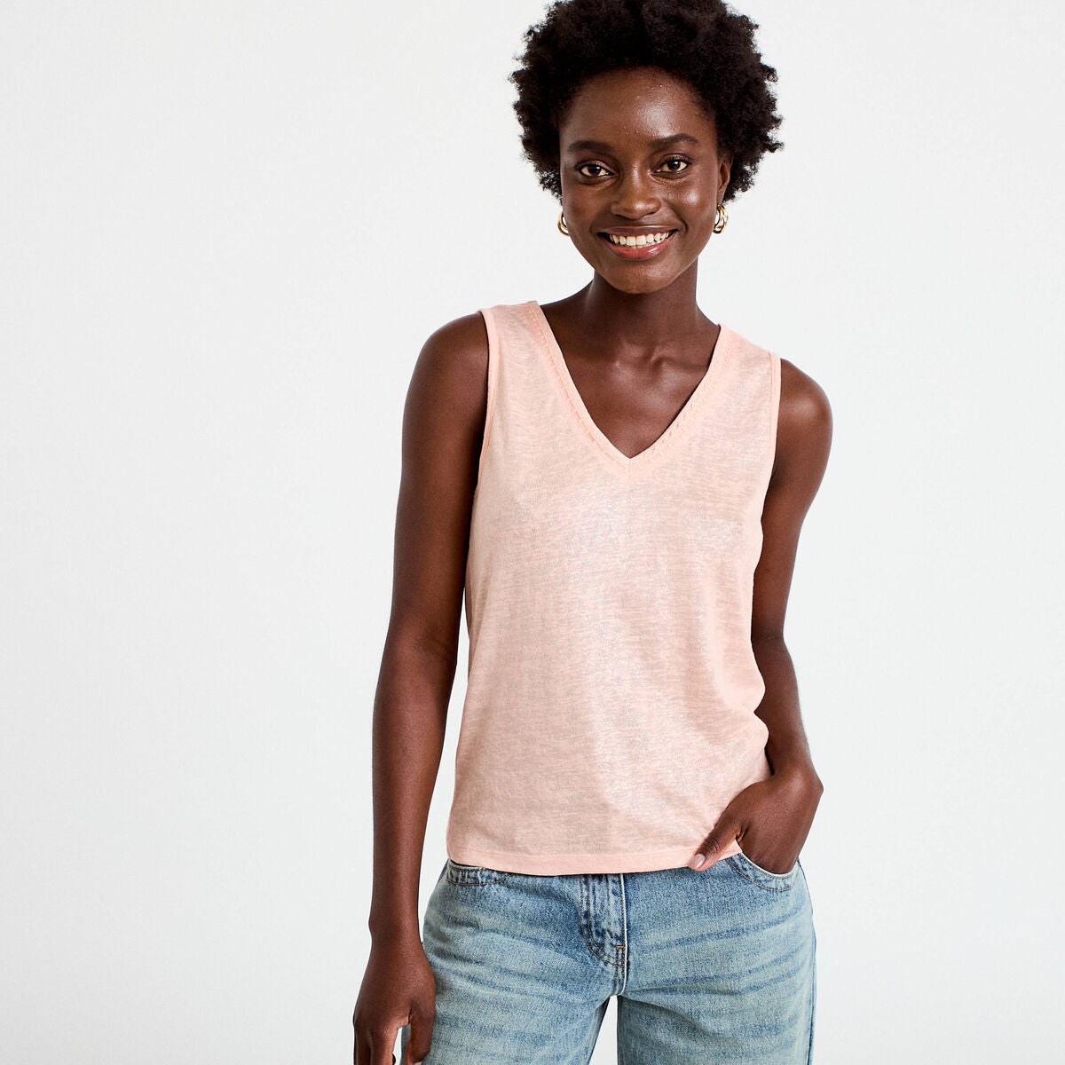 Débardeur col v rose saumon femme