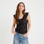 Top boutonné détails dentelle noir femme
